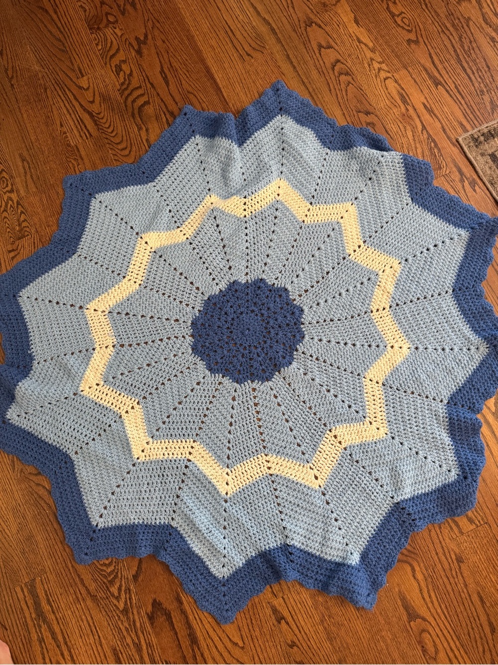 Handmade Crochet Starburst Baby Blanket in Blue and Cream